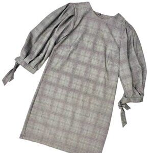 H&M Shift Dress Balloon Sleeve Tie Cuffs Black White Plaid Women's Size 4 Preppy